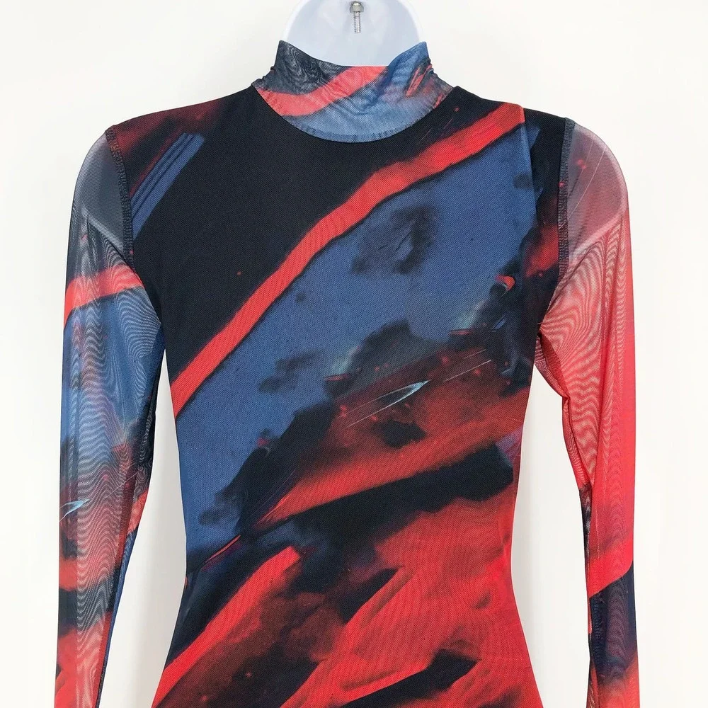 EDIKTED Sparks Fly Mesh Minidress Small Red Mock Neck Abstract NWOT - Picture 8 of 9